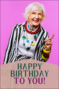 a cool, hipster grandma pointing to the right